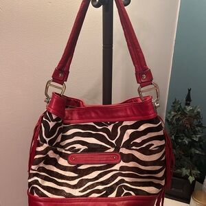 B Makowsky Red and Zebra Print Women's Bag